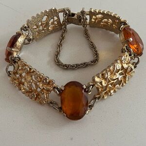 VINTAGE Sarah Coventry Signed Bracelet Gold Tone Floral Orange Glass Stones